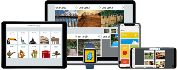 Tablet, smartphones, and computer screen showing Rosetta Stone lessons