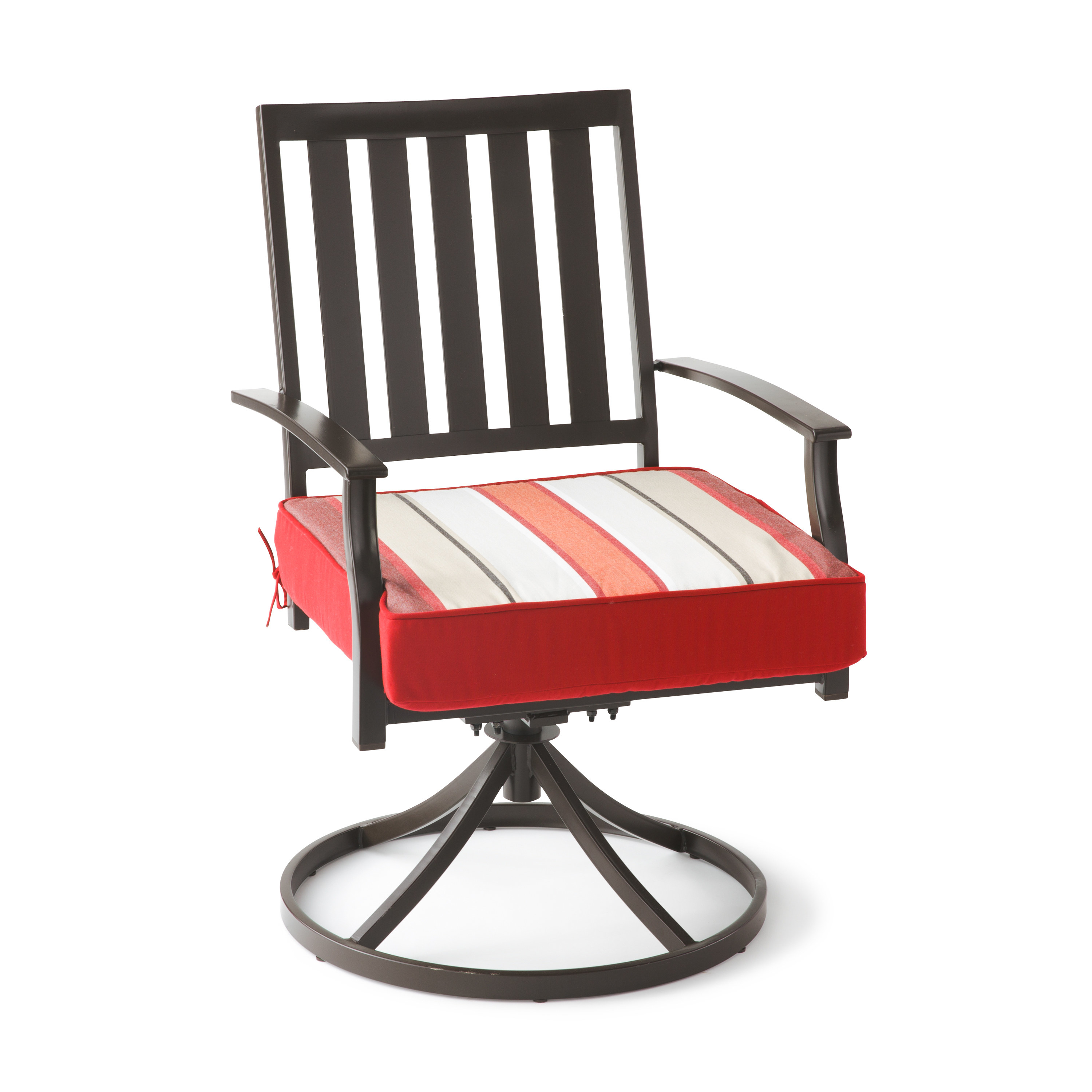 A square, red and white striped cushion on a chair