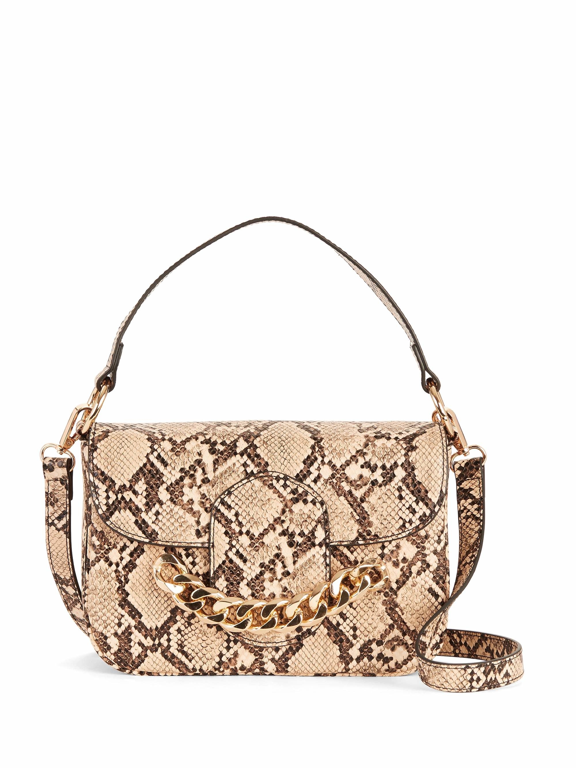 A nude-snake-colored bag with gold accent