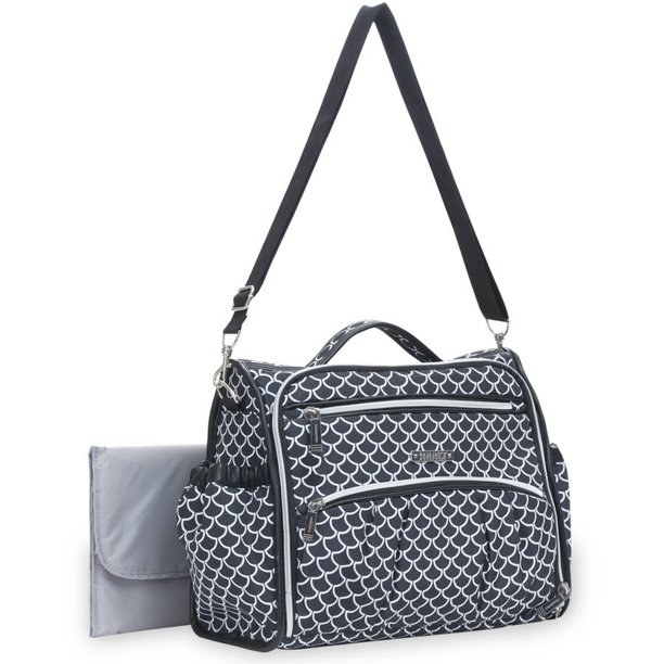 A black and white pattern diaper bag with shoulder strap and changing pad