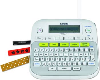 A label maker with a QWERTY keyboard and examples of the types of labels it can make in different colors