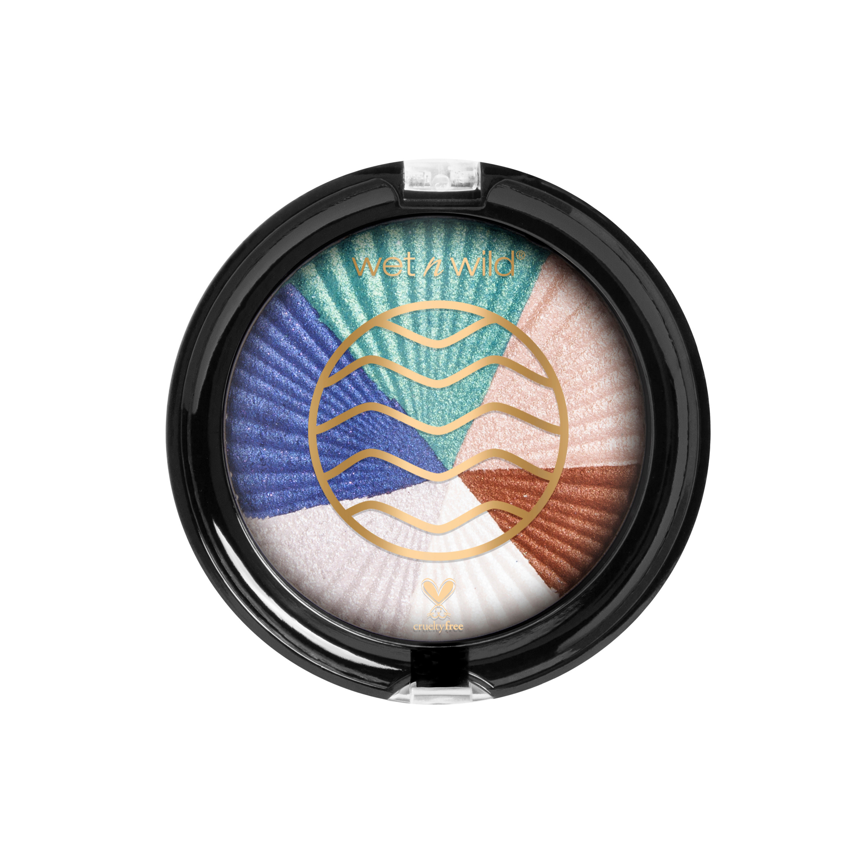 A black circular plastic eye shadow compact 