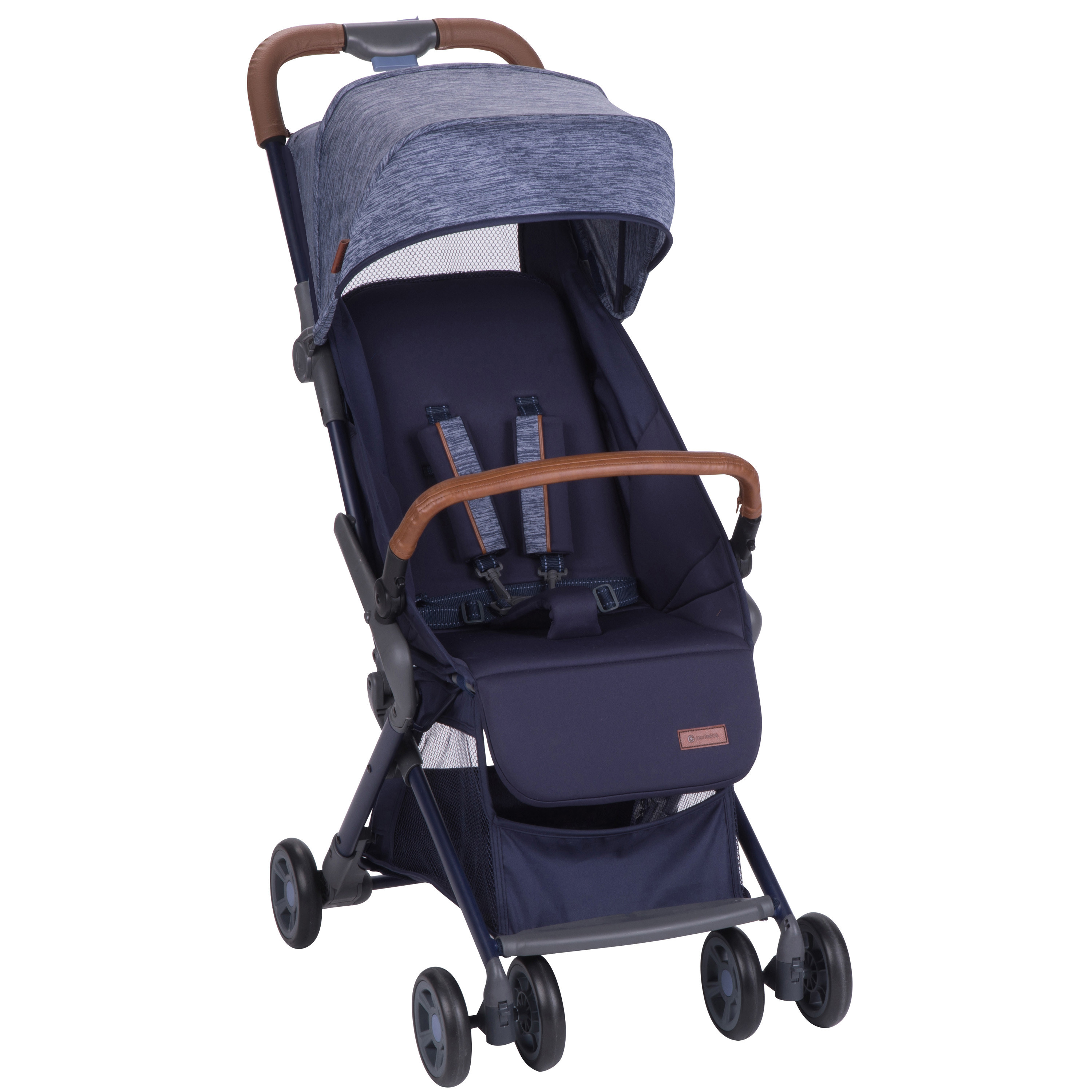 A blue compact stroller with light heather blue accents and a brown safety bar