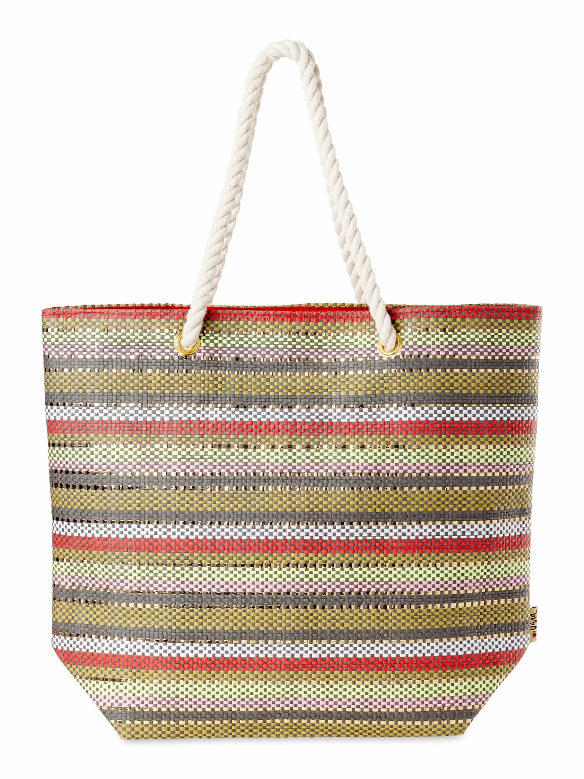 A multi-colored striped tote bag with white rope handles