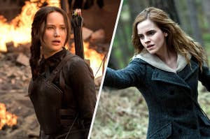 Hermione brandishing her wand and Katniss brandishing her bow and arrow