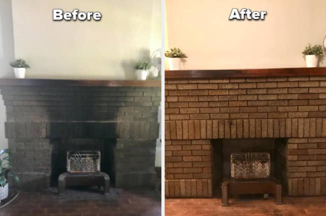 A fireplace before using the kit, that looks like gray brick with a huge black stain from the pit to the top of the mantle. Then after the kit, with red brick and no stain