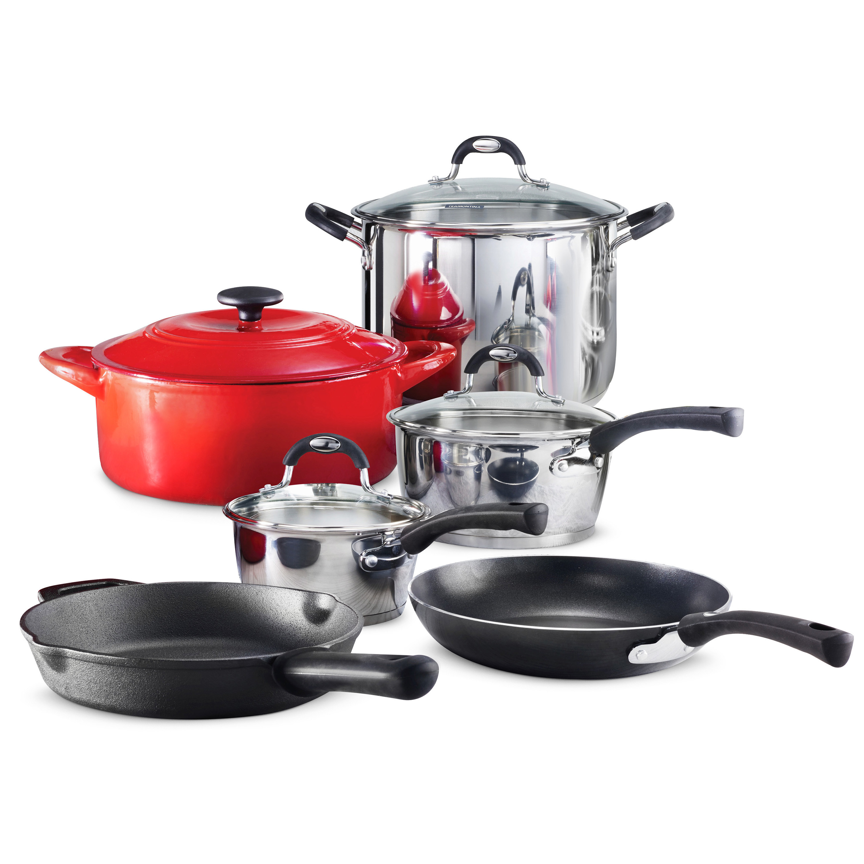 An assortment of silver, red, and black pots and pans