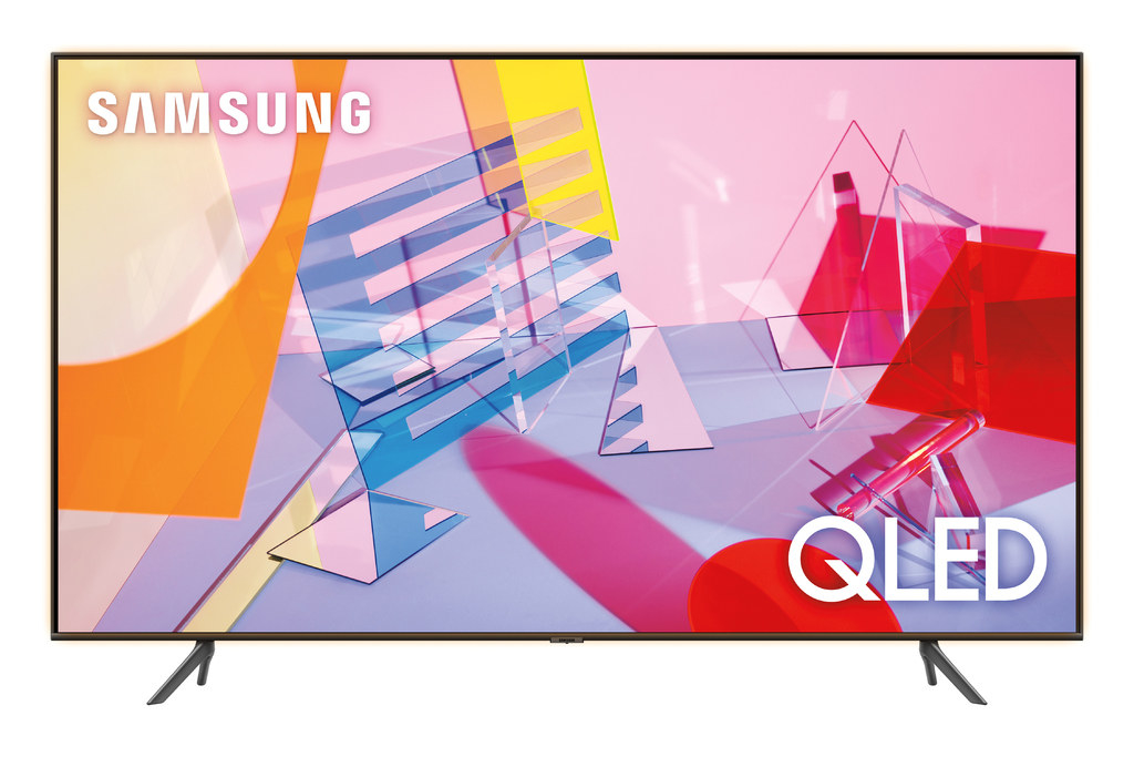 A Samsung QLED television with two leg stands 