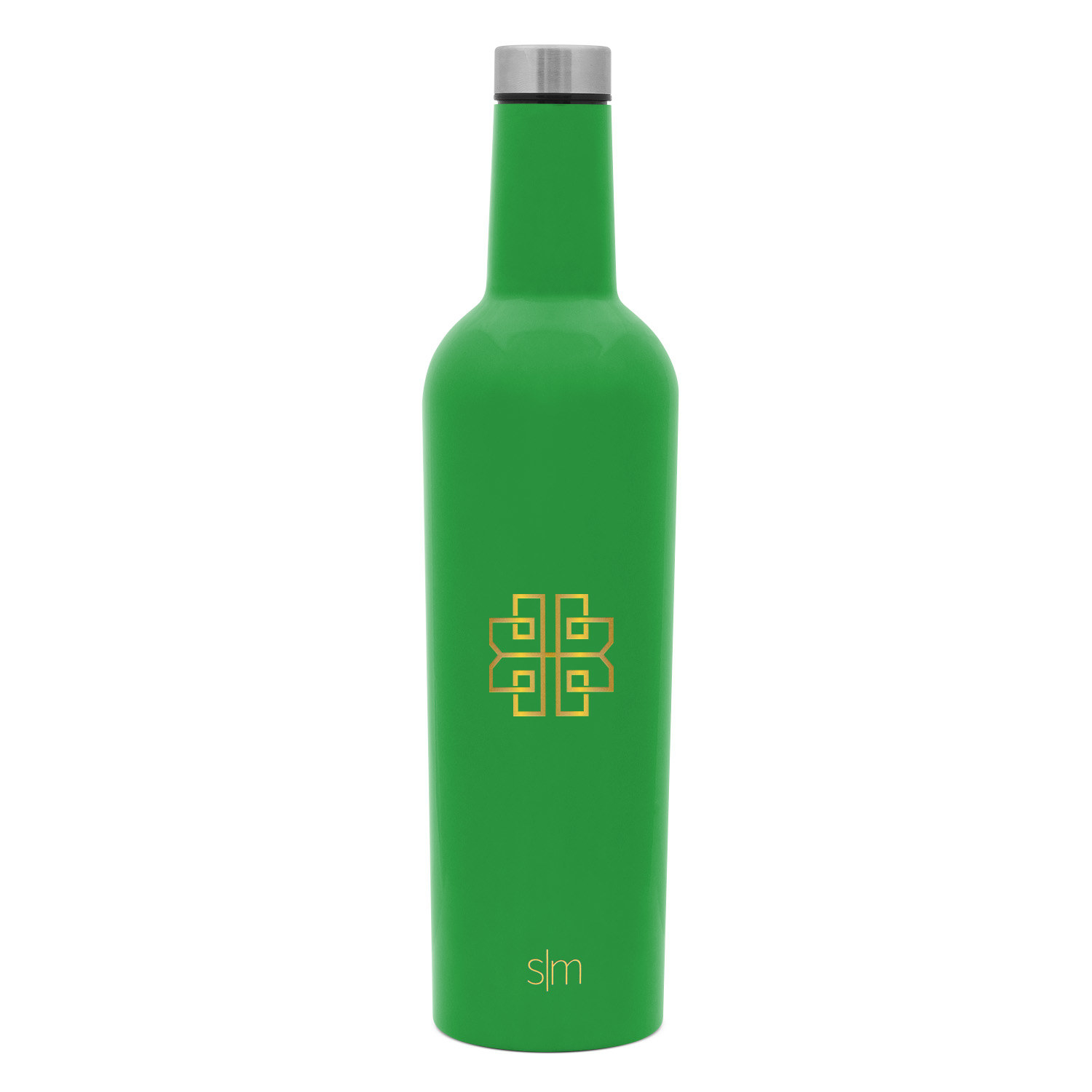 A green insulated wine bottle with metal top and gold branding