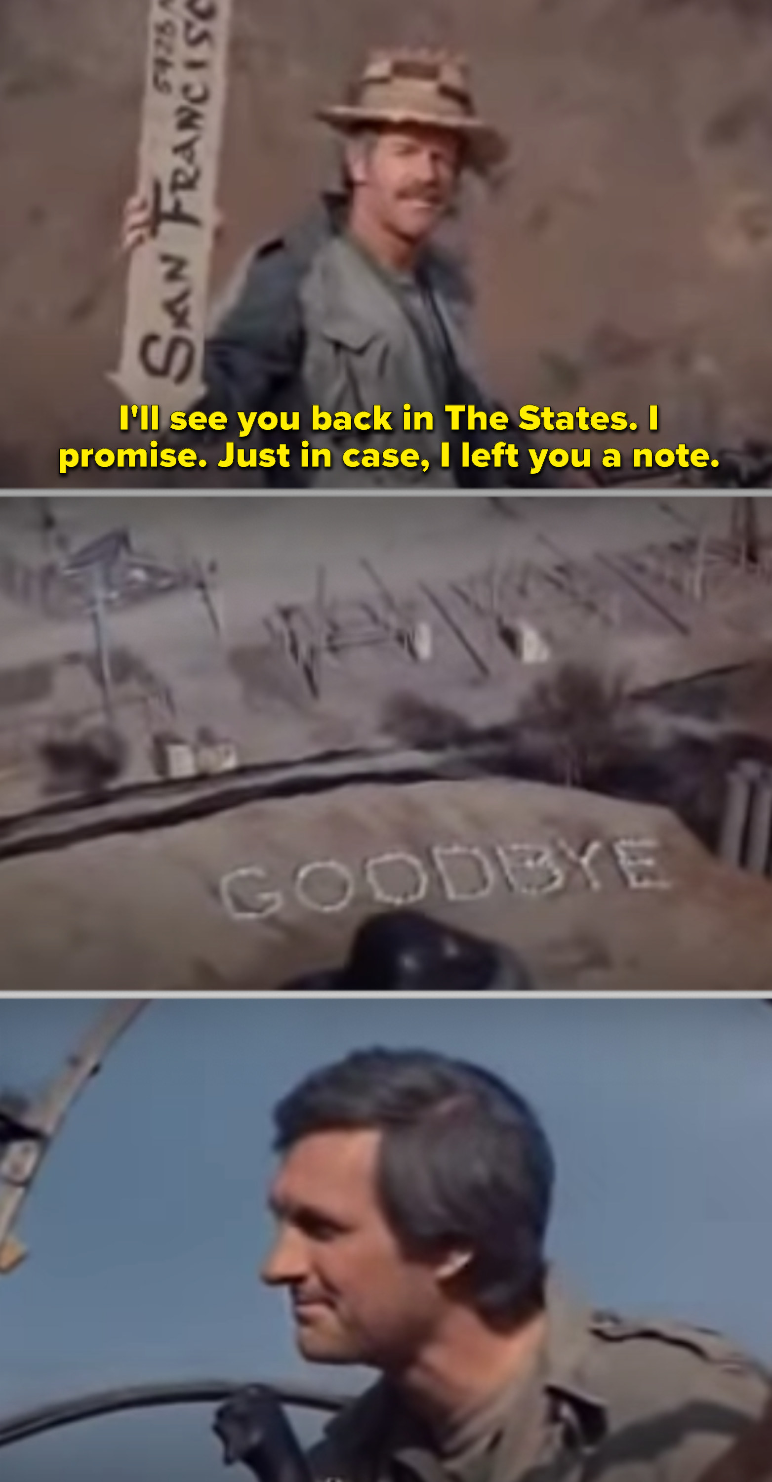 Hawkeye in a helicopter, looking down at the &quot;goodbye&quot; note that B.J. wrote for him using rocks