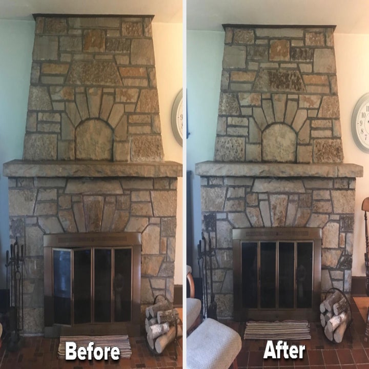 A fireplace before the kit that is dull, then the same fireplace after, with visible detail on each stone and brighter, different shades of stone