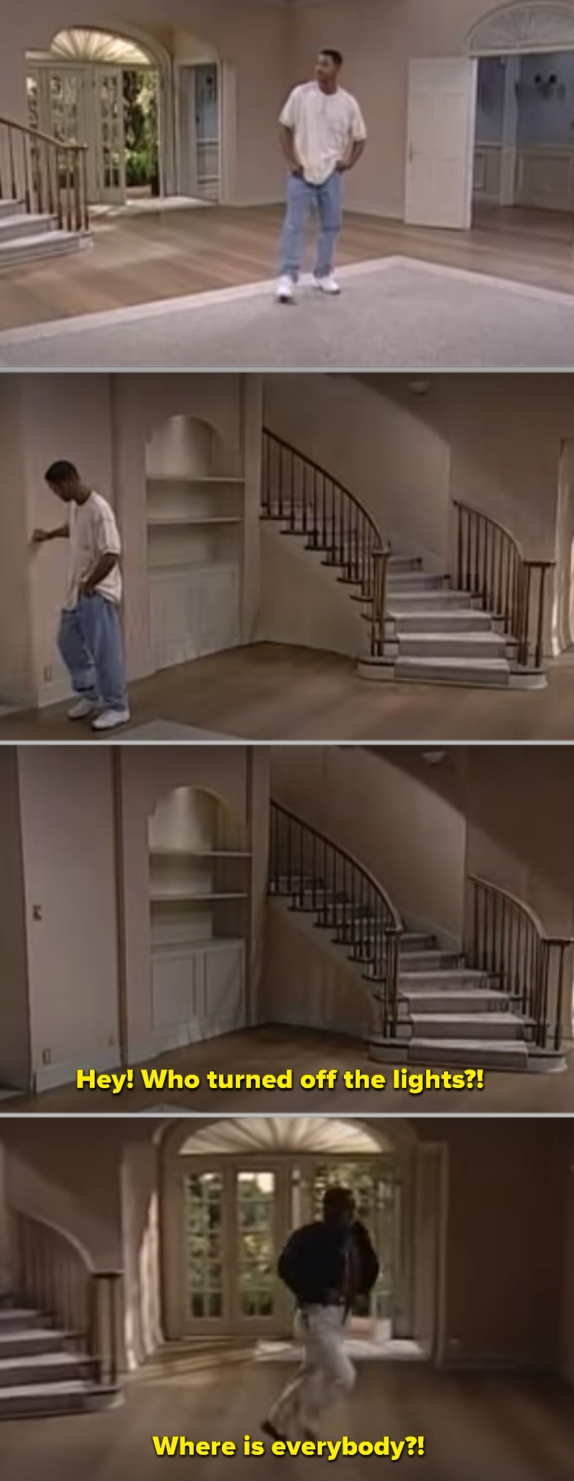 Will turning off the lights in the mansion, then Carlton running downstairs and realizing that everyone left without him