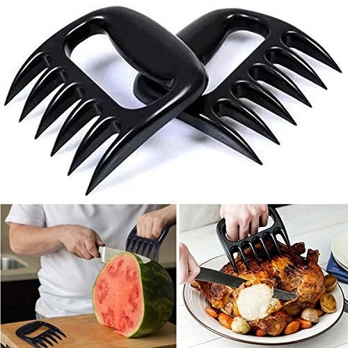 Product photos showing the BBQ Meat Handler Forks being used to hold a watermelon in place while slicing it as well as shredding a roasted chicken 