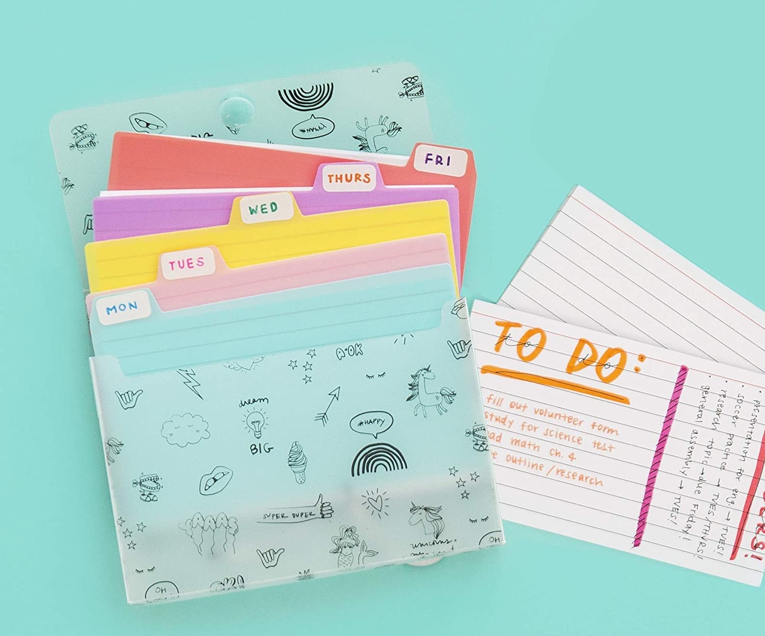 A index card case filled with index cards and dividers