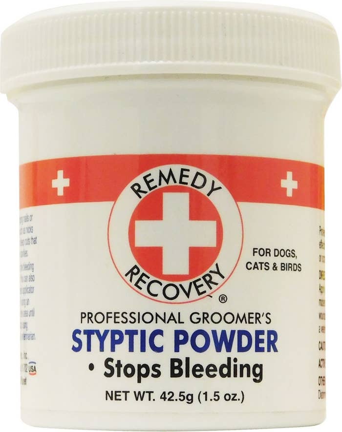 A bottle of the powder that reads &quot;Remedy Recovery professional groomer&#x27;s styptic powder stops bleeding&quot;