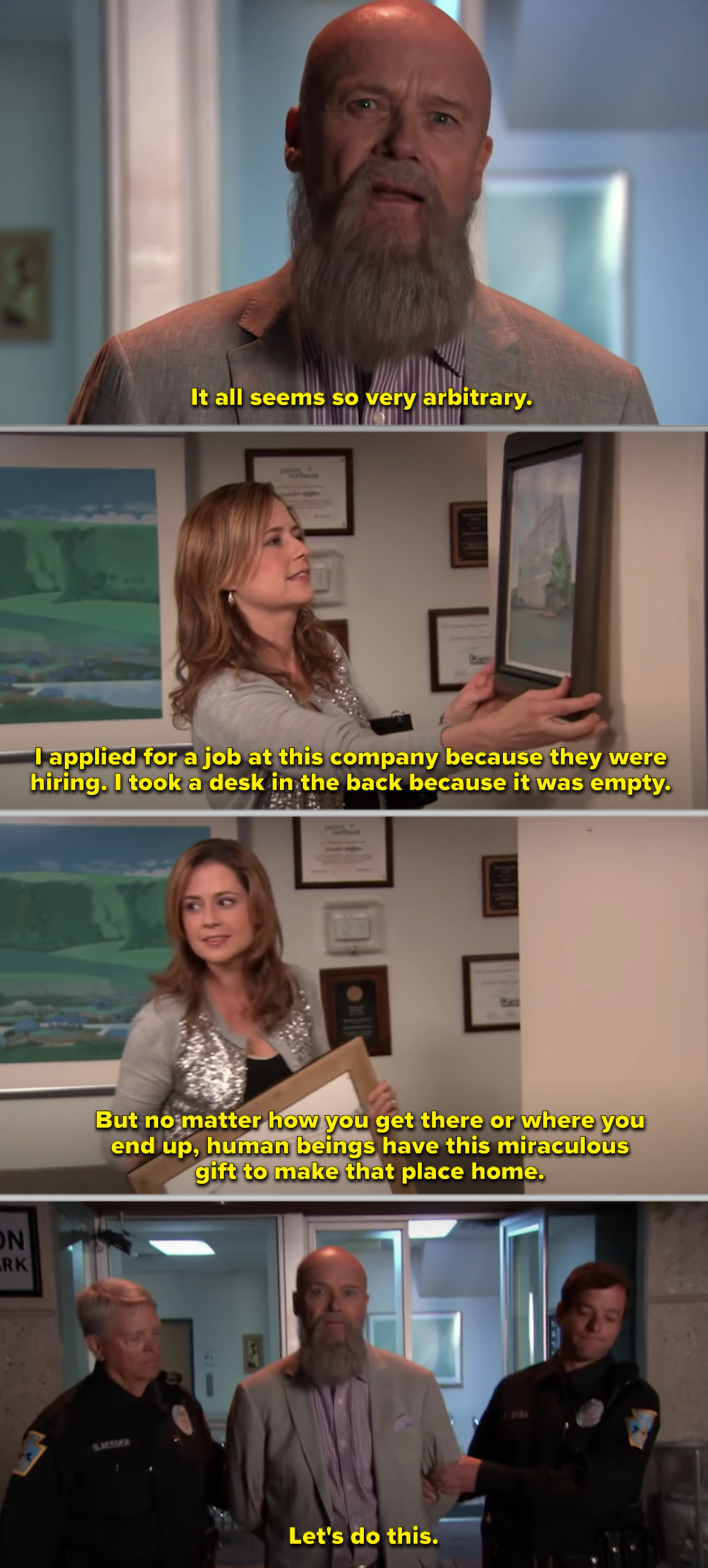 Side-by-side of Pam taking her portrait of the office home with her, plus Creed getting arrest outside the office