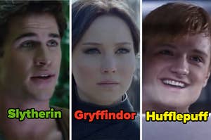 Gale, Katniss, and Peeta labeled Slytherin, Gryffindor, and Hufflepuff
