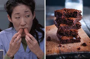 On the left, Sandra Oh stuffs two hot dogs into her mouth as Cristina Yang on "Grey's Anatomy," and on the right, four brownies stacked on top of each other