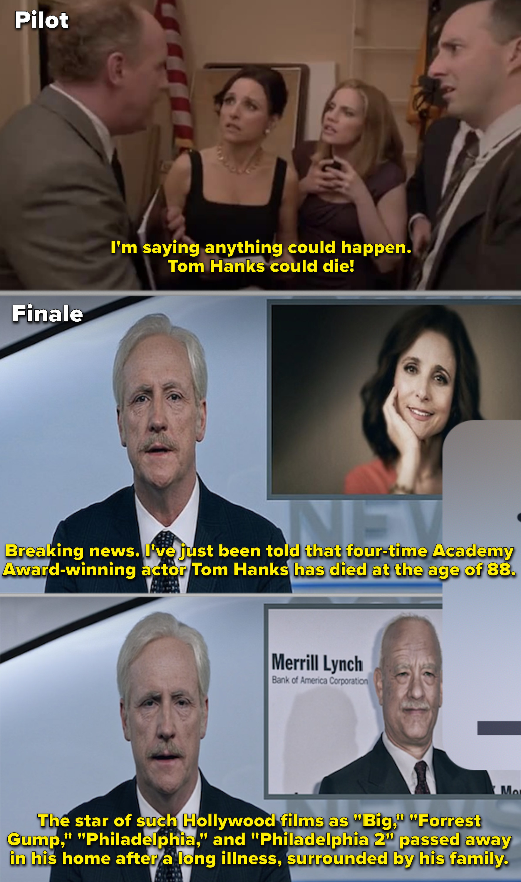 Mike announcing during the news that Tom Hanks has died