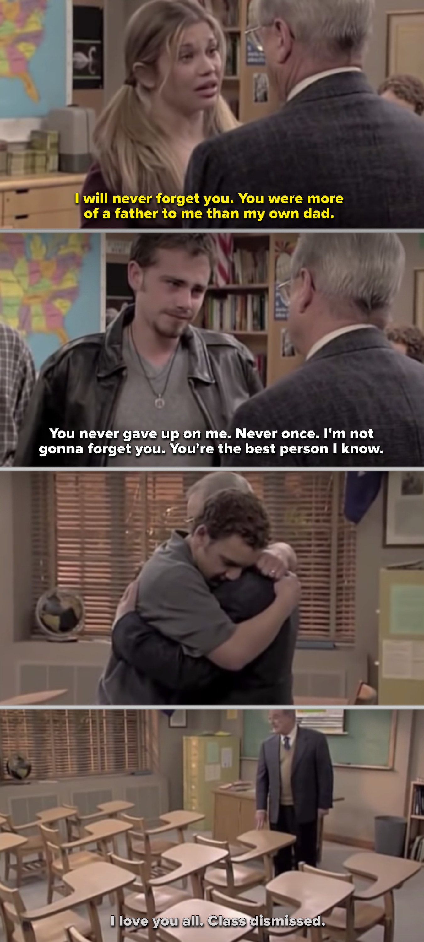 Topanga, Cory, and Shawn saying goodbye to Mr. Feeny, then Mr. Feeny dismissing his classroom one final time