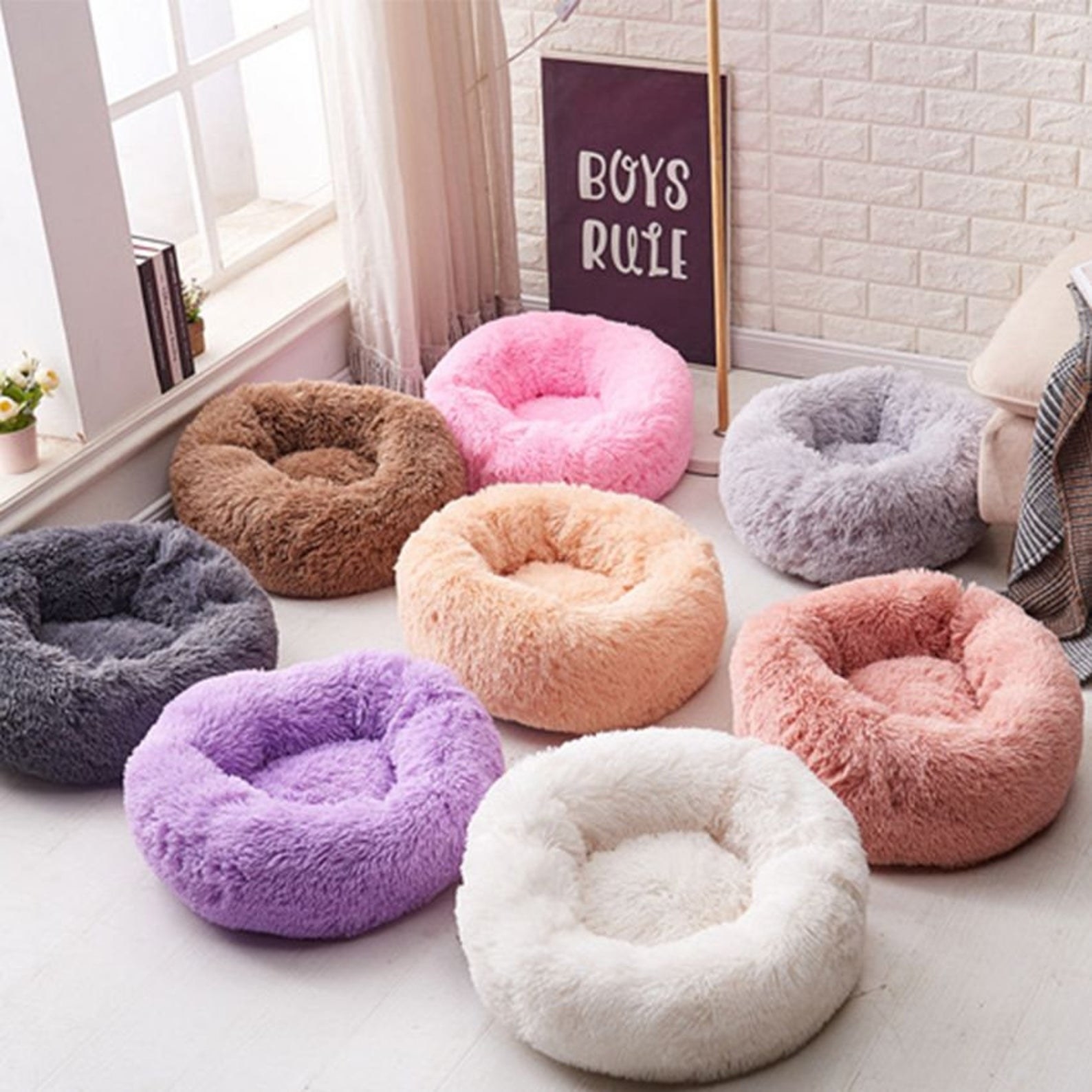 Circular, fluffy dog beds