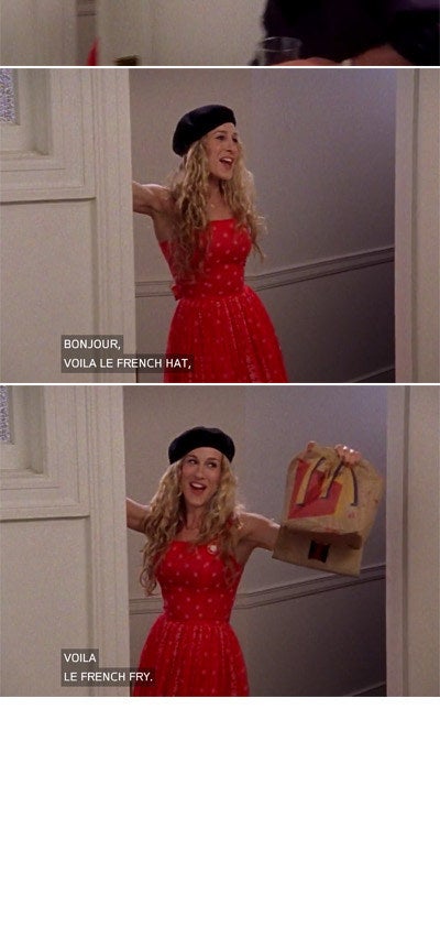 Big opening the door to see Carrie in a beret with McDonald&#x27;s bags
