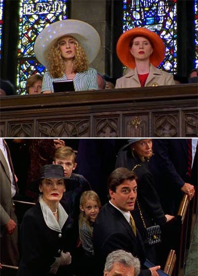 Carrie and Miranda spying on Big and his mom at church