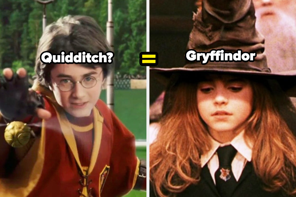 harry playing quidditch and hermione wearing the sorting hat