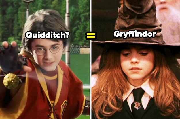harry playing quidditch and hermione wearing the sorting hat