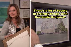 Side-by-side of Pam's portrait of the office and her taking it off the wall in the finale of "The Office"