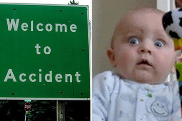 A sign that says "Welcome to Accident" on the left, and a baby looking scared on the right
