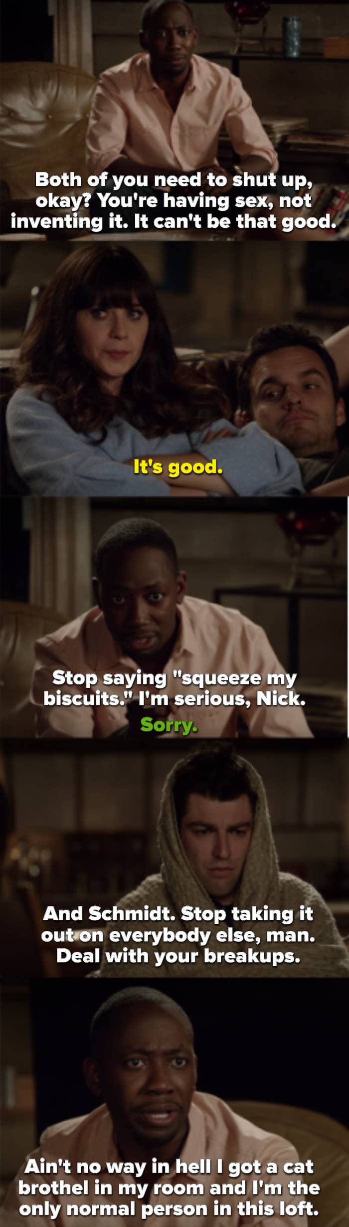Winston says Nick and Jess need to shut up because they're just having sex, not inventing it. Then he tells Schmidt to stop taking it out on everyone and deal with his breakups, then says there's no way he has a cat brothel and is still the most normal