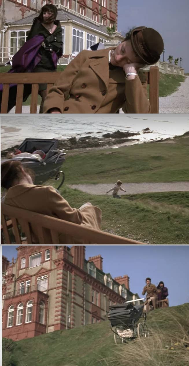 A woman takes a nap on a cliffside while her baby's stroller rolls down the hill