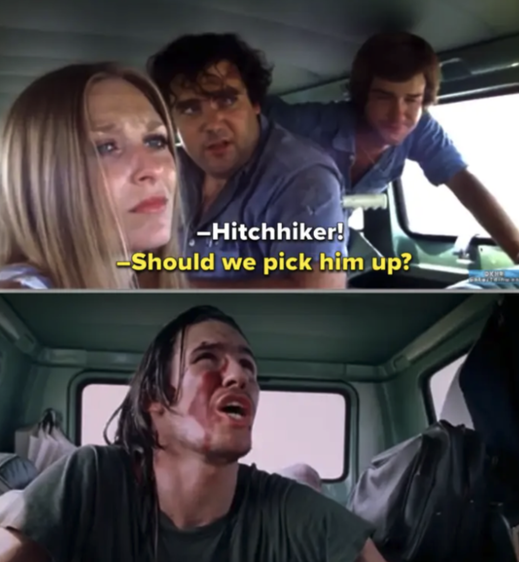 Everyone talking to the hitchhiker they picked up in the car