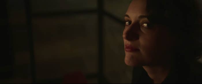 Fleabag (Phoebe Waller-Bridge) looking up at the camera/audience after breaking up with Hot Priest. 