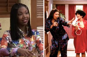Moesha is sitting at the kitchen table with Khadijah and Regine from "Living Single" singing with bathroom supplies