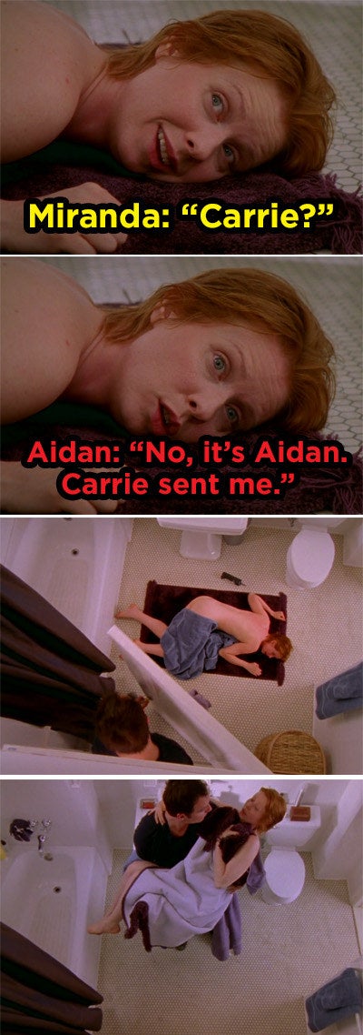 Miranda lying naked on the floor and Aidan picking her up and carrying her out