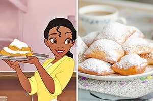 Tiana from "Princess and The Frog" is holding a plate of beignets 