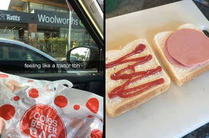 Side-by-side image of a Coles bag in front of a Woolworths with text, "feeling like a traitor tbh" and an image of a devon and tomato sauce sandwich being made.