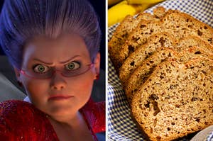 On the left, the Fairy Godmother from "Shrek 2," and on the right, slices of banana bread
