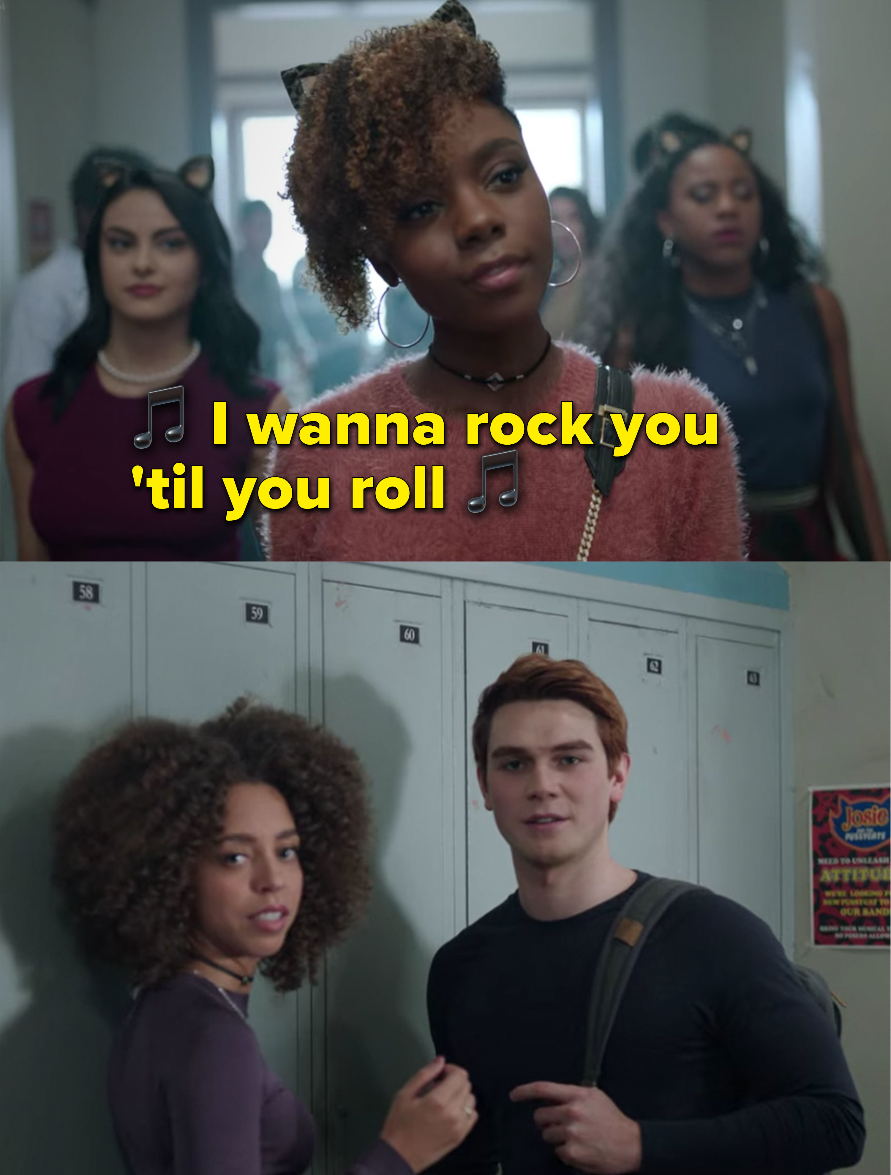 Veronica and The Pussycats stroll into school while Archie and Valerie stare