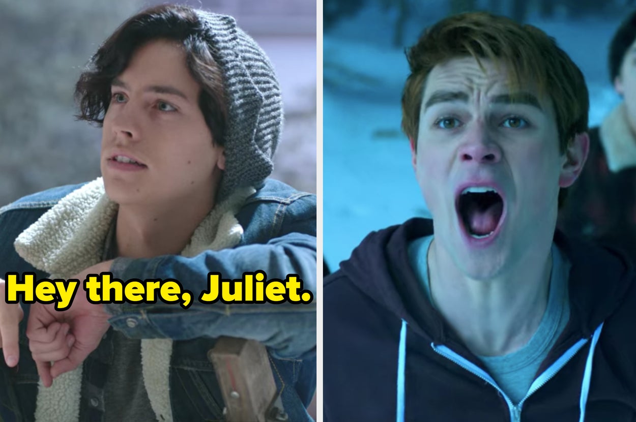 Jughead at Betty's window saying "Hey there, Juliet," alongside Archie screaming as he watches Cheryl plunge into the icy pond