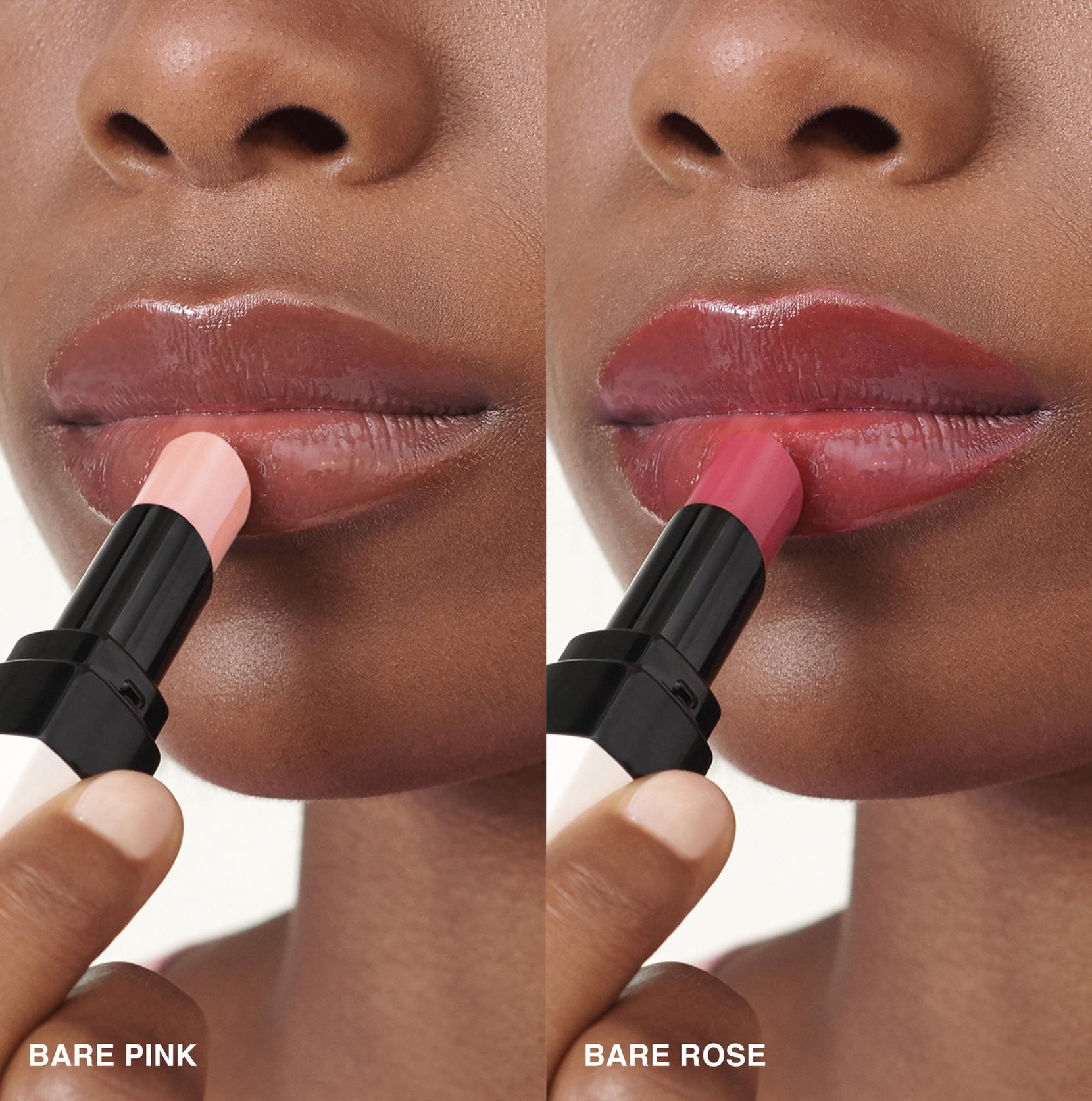 Model applying the two pink lipsticks in two different pictures