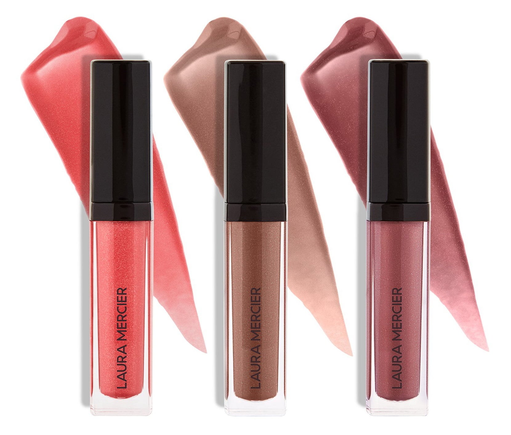 The three lip glosses in pink, beige, ad maroon 