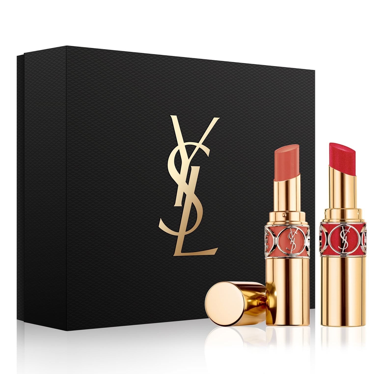 the two YSL lipsticsk in gold tubes with the YSL logo on them