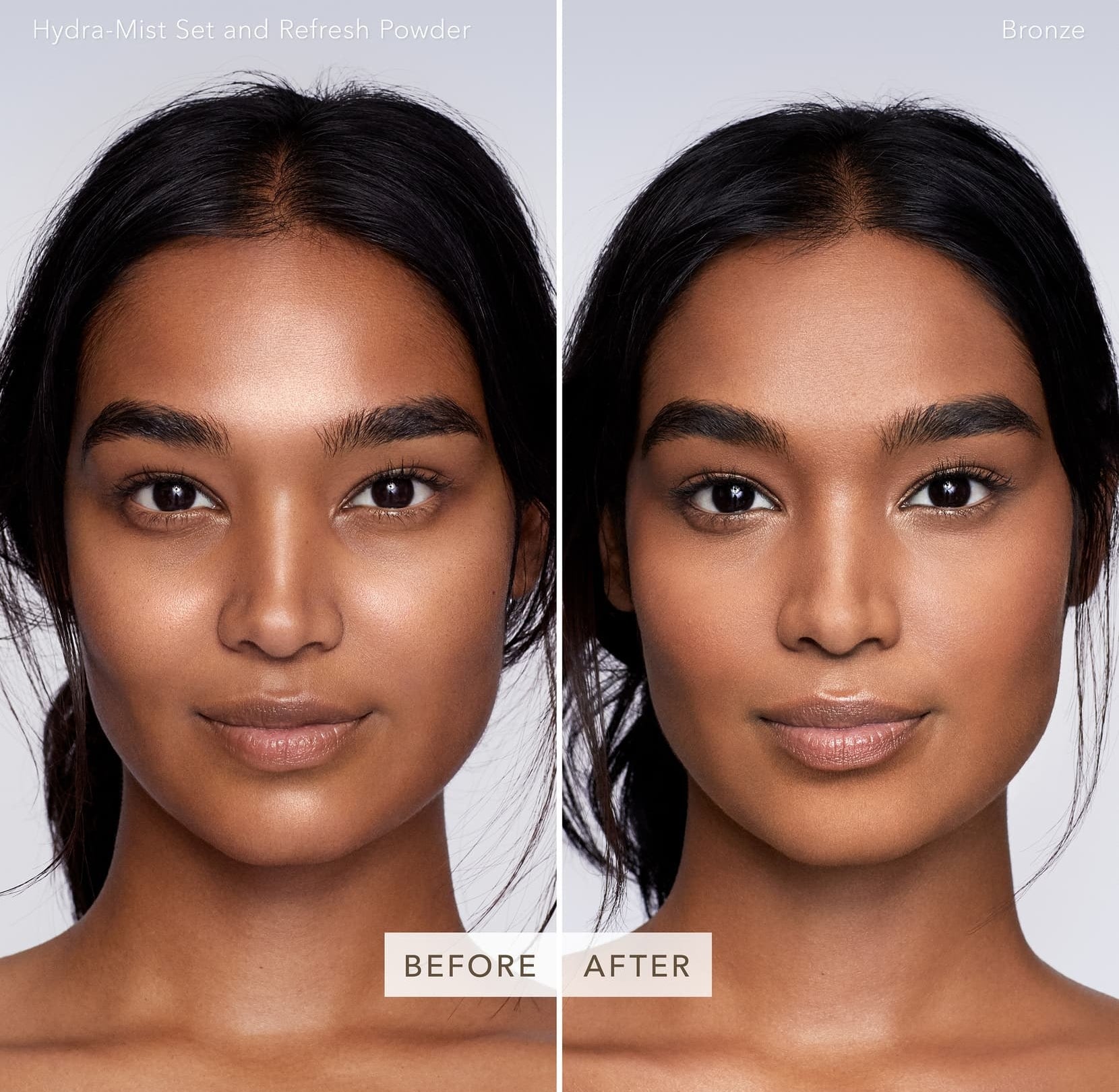 Model&#x27;s before-and-after to show brightening effects of the powder