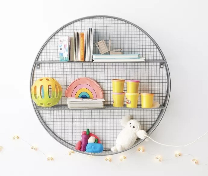 Silver shelf with toys and knickknacks