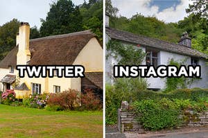 On the left, a sweet cottage with a thatched roof labeled "Twitter," and on the right, a cottage on a hill surrounded by greenery labeled "Instagram"