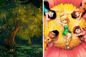 The forest from Princess and the Frog and Tinkerbell and her fairy friends laying on a flower