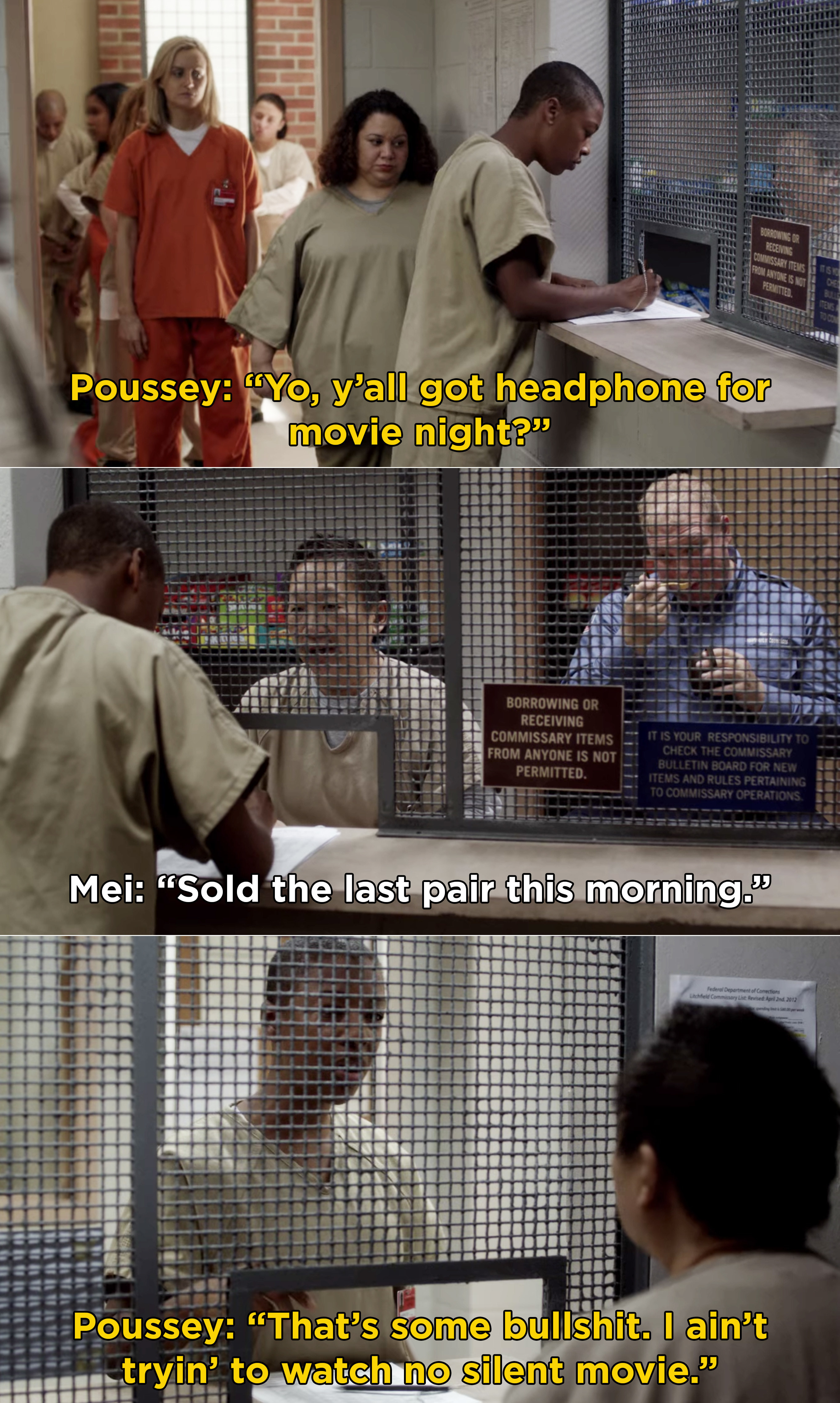 Poussey trying to buy headphones for movie night, but they are sold out